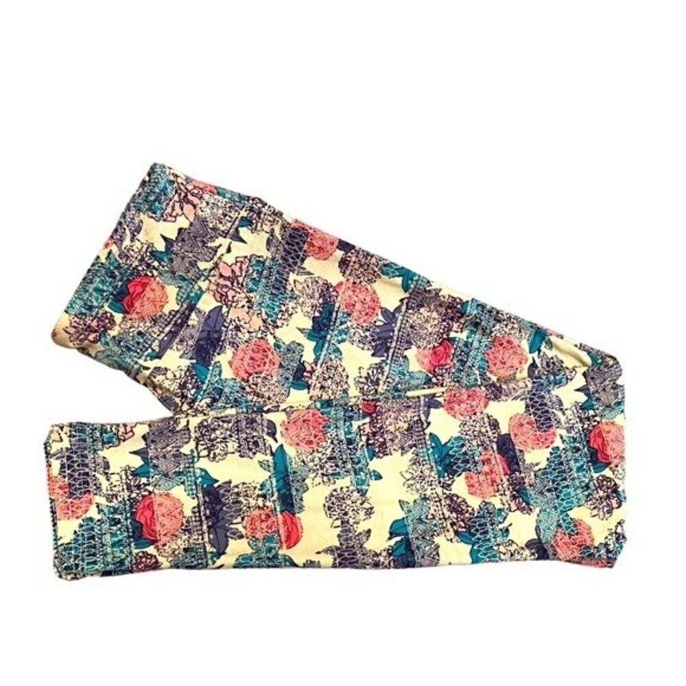 0515 LuLaRoe Size OS Leggings Red Peonies and Blue Graphic Print New